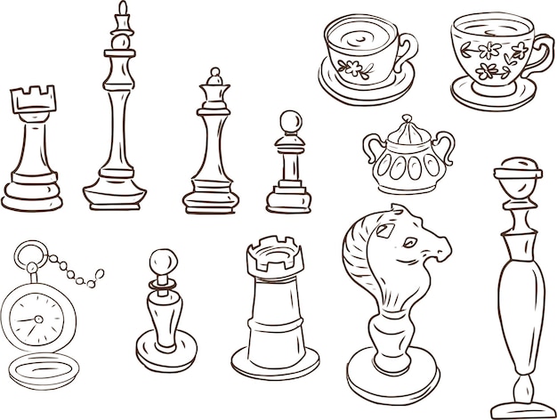 Vector chess doodle sketch line graphics vector hand drawn games tournaments separate elements of the