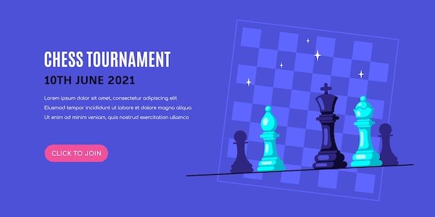 Chess figures on blue background with chessboard. chess tournament banner template