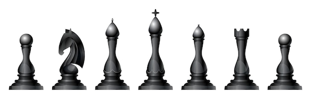 Chess figures vector set. king, queen, bishop, knight or horse, rook and pawn - standard chess pieces. strategic board game for intellectual leisure. black items.