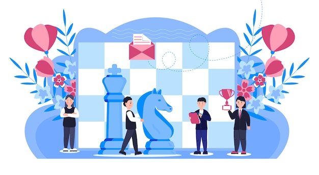 チェス ゲームの概念ベクトル人々 の仕事ビジネス マーケティング戦略イラスト花の葉で成功したチームワークと競争シーン小さな人々 が女王騎士と遊ぶ
