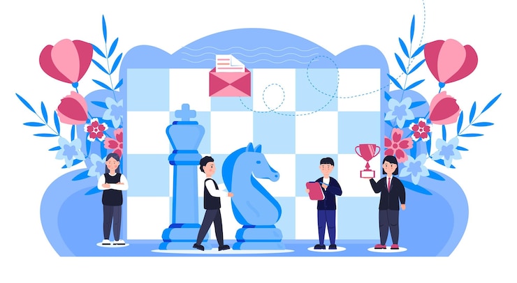 Вектор вектор концепции шахматной игры люди работают иллюстрация бизнес-маркетинговой стратегии с цветочными листьями успешная командная работа и соревновательная сцена крошечные люди играют с королевой рыцарем