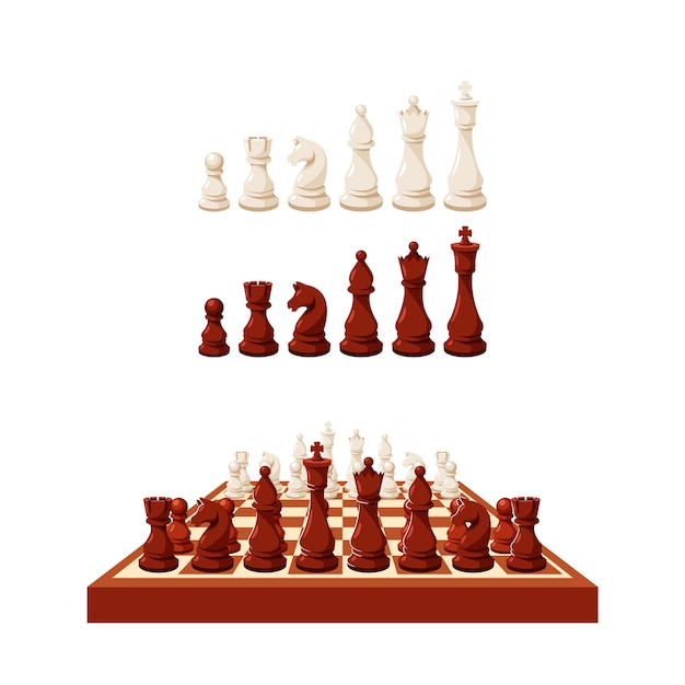 Chess Game Pieces On Chessboard And Stand In Row Figures King Queen Rook Knight Bishop Pawn Isolated On White