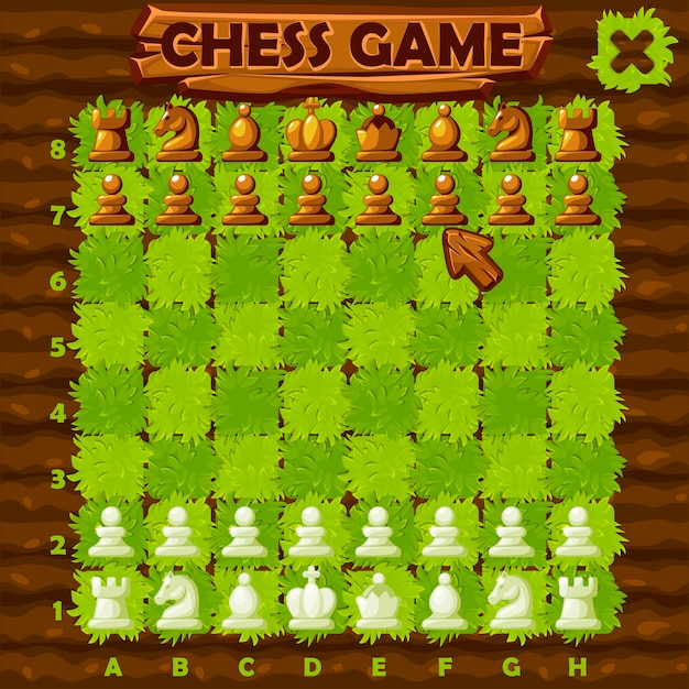 Vector chess game ui farm style chess board and set chess figures for 2d game