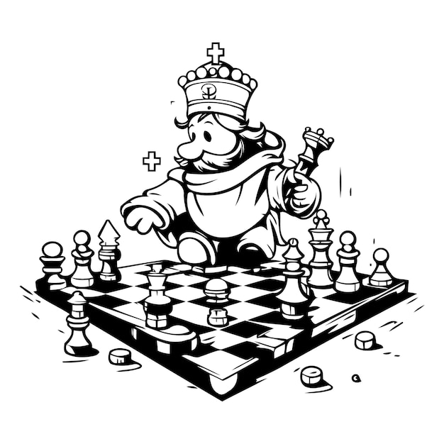 Вектор Шахматный король с короной и шахматной доской векторная иллюстрация