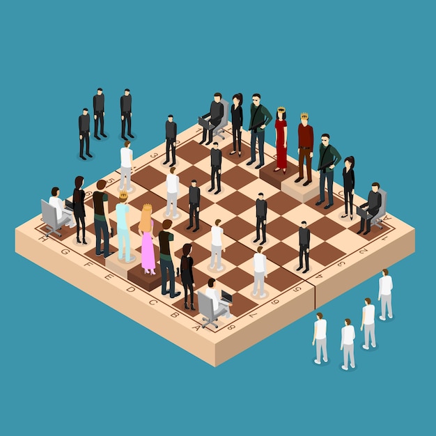 Chess People Figures on a Chessboard Isometric View Strategy Business Game or Corporate Competition. Vector illustration