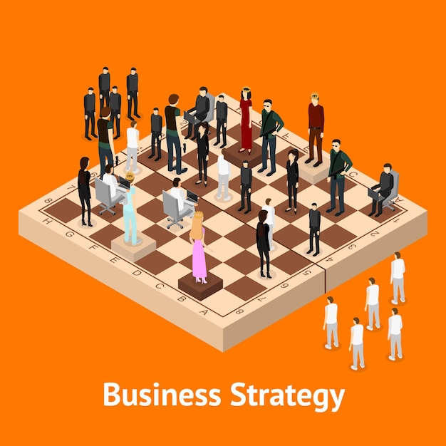 Chess People Figures on a Chessboard Isometric View Vector