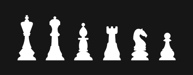 Chess piece icons. Board game. Black silhouettes isolated on white background.