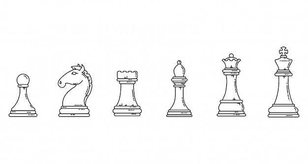 Chess pieces black outline flat silhouettes. Game concept lineart stock   image set.