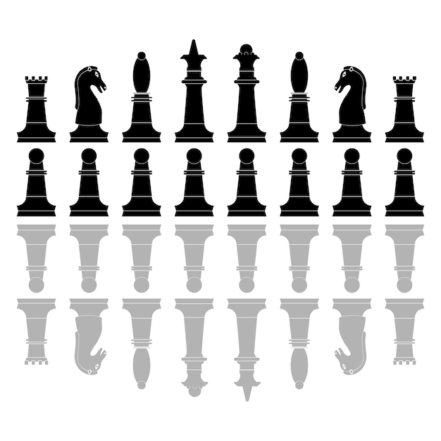 Chess pieces icons. board game. silhouette of knight, bishop, pawn, queen, rook and king in black color. black silhouettes of chess pieces isolated on white background. vector