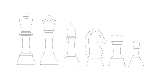 Set di icone di vettore di linea di pezzi di scacchi isolato su priorità bassa bianca. figure di scacchi lineart - re, regina, vescovo, cavaliere, torre, elementi di design del gioco strategico di pedone. illustrazione in stile cartone animato design piatto