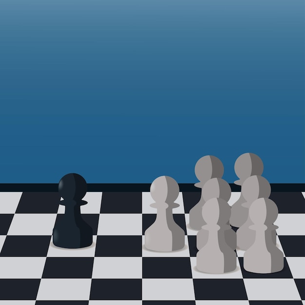 Vector chess pieces with one black pawn versus many white pawn minority versus majority concept vector illustration