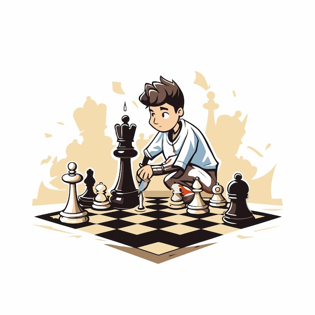 チェスのベクトルゲームをプレイするチェスプレーヤー 白い背景のイラスト