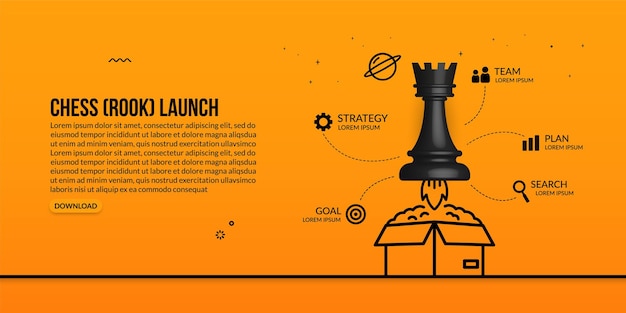 Вектор Шахматная ладья запускает из коробки инфографическую концепцию бизнес-стратегии и управления