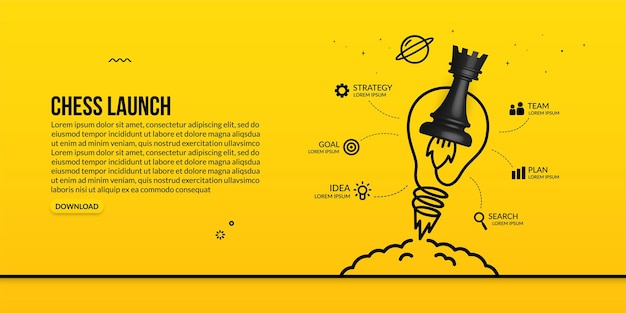 Запуск шахматной ладьи с инфографической концепцией бизнес-стратегии и управления лампочкой