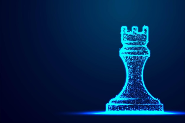 Каркас шахматной ладьи Полигон синяя структура рамы Концепция бизнес-стратегии Абстрактная низкая поли Треугольная точечная линия многоугольник Сияющий синий фон Векторная иллюстрация