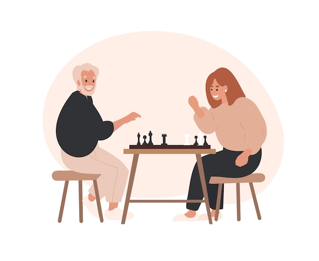 Шахматный турнир между стариком и молодой женщиной, пожилой мужчина играет в шахматы со своей дочерью, шахматная игра