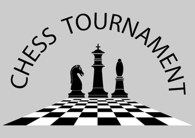 Chess tournament poster template. chess pieces with board isolated on grey background. silhouette of knight, bishop and king in black color. logo of intelligence game or competition. vector