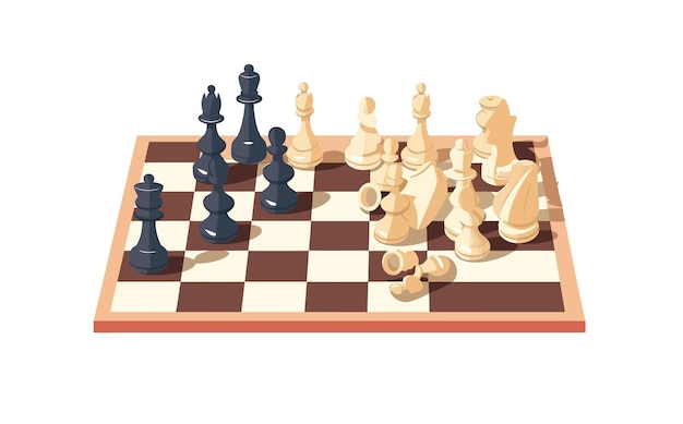 Шахматная доска и шахматные фигуры Стратегическая настольная игра Изолированная на белом фоне Векторная карикатура