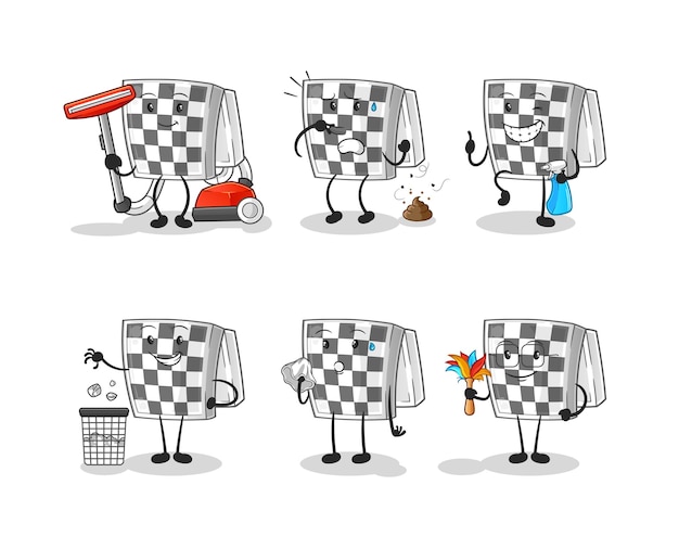 Chessboard cleaning group character. cartoon mascot vector