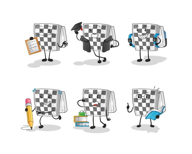 Chessboard education set character. cartoon mascot vector