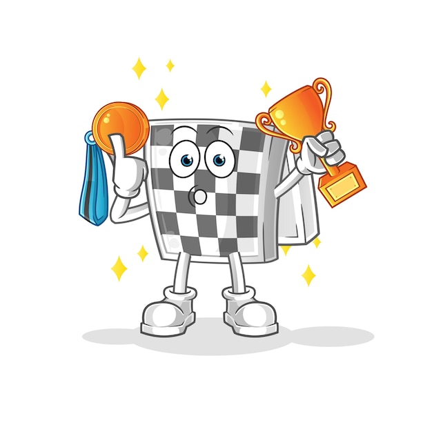 Chessboard winner with trophie. cartoon character