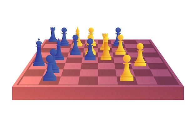 Chessboard with blue and yellow chess figures