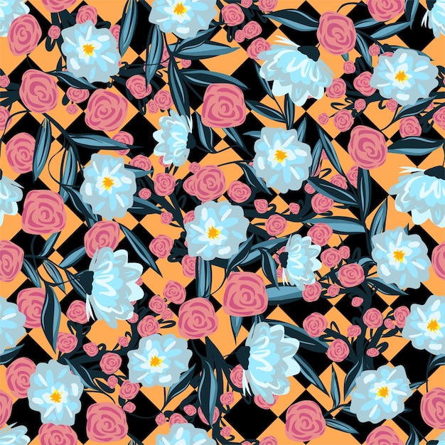 Chessbord And Tropical Flowers Background Pattern Seamless