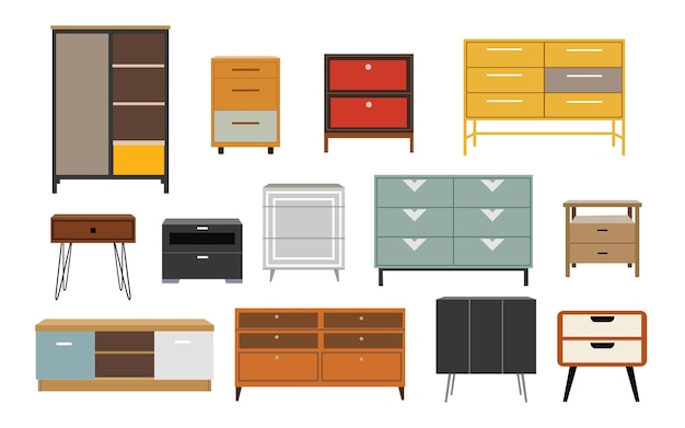 Set di comodini icona di mobili in design piatto per la scheda degli interior designer