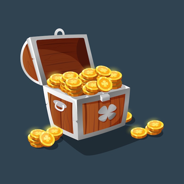 A chest of gold. Vintage wooden chest with goldens coins. Pirate coffer with gold. Cartoon old chest for the game interface.
