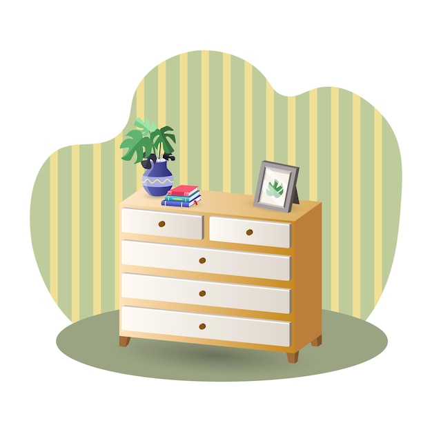 Vector chest illustration vase commode books photo frame houseplant