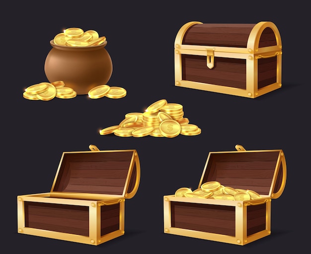 Vector chest with golden coins. chest, bag and stack with gold, closed and opened empty chests for games applications cartoon isolated set