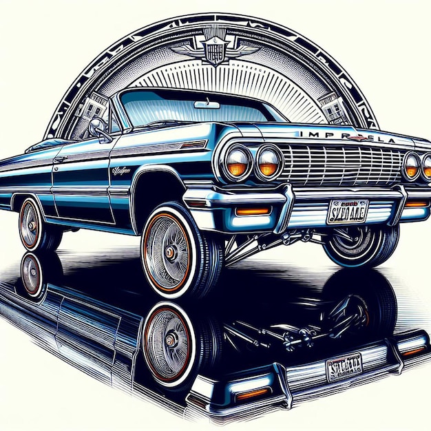 Вектор chevy impala 1964 chevrolet lowrider v8 muscle car изображение изолированного белого плаката на фоне лос-анджелес