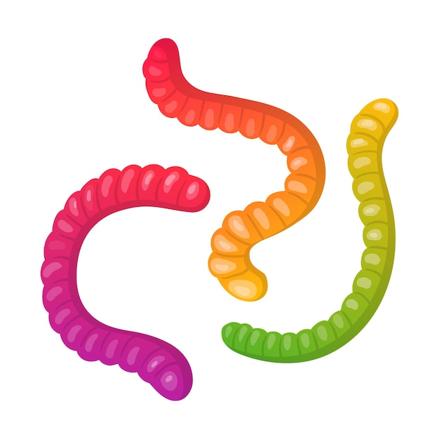 Chewy gummy worms cartoon marmalade shaped like worms jelly candies cute tasty sweets flat vector illustration sugary worms set