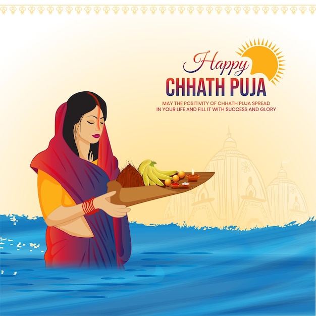 Chhath Puja Indian Bihari festival celebration traditional background vector illustration