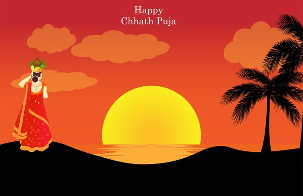 Chhath puja vector illustration with kalash in sunset background