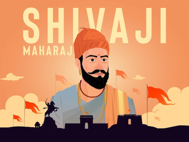 Vettore chhatrapati shivaji maharaj vettore guerriero maratha indiano illustrazione con sfondo tipografico