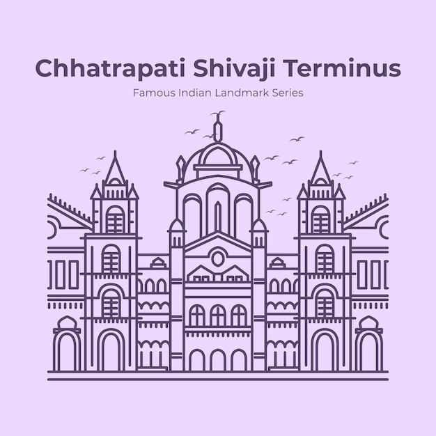 Chhatrapati shivaji terminus indian famous landmark outline illustration