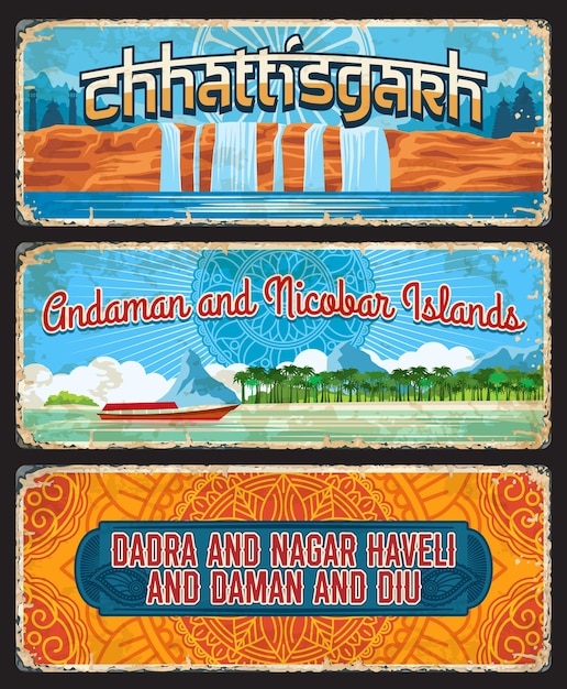 Vector chhattisgarh, andaman and nicobar islands, dadra and nagar haveli and daman and diu indian states vintage plates. vector travel destination aged signs, india landmarks. retro boards or banners set