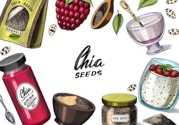 Chia plant and seeds card salvia hispanica poster or banner spice packaging wooden spoon a handful