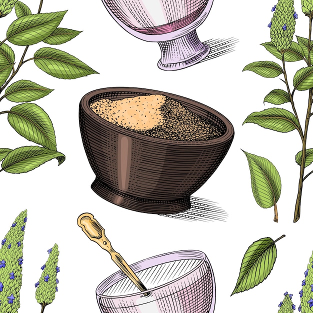 chia plant and seeds card salvia hispanica poster or banner spice packaging wooden spoon seamless