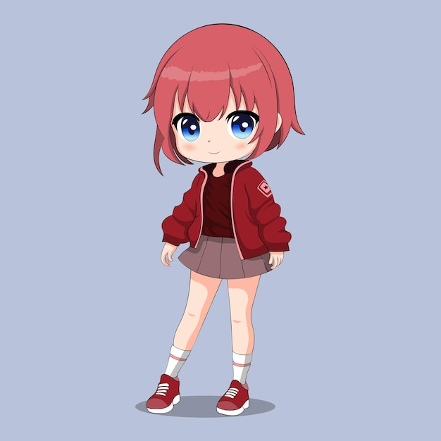 Chibi anime cute cartoon ragazza kawaii con i capelli rossi e una giacca rossa