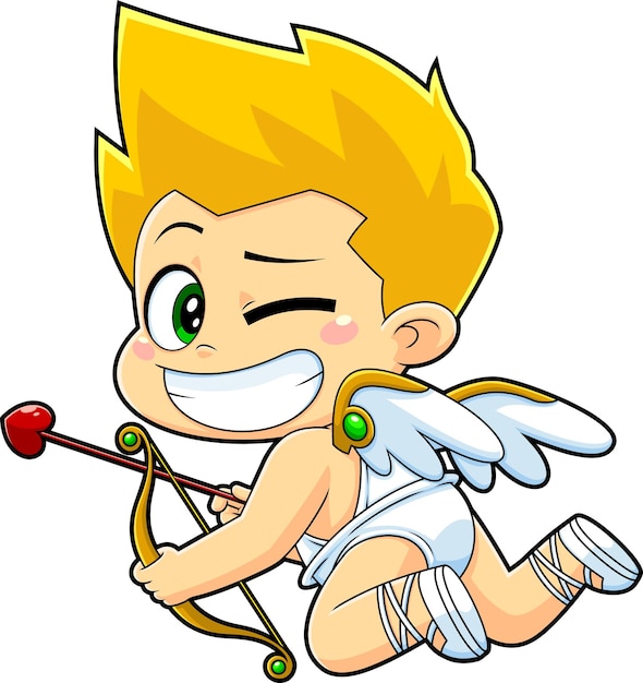 Вектор Мультипликационный персонаж chibi cupid baby с подмигивающим луком и стрелой