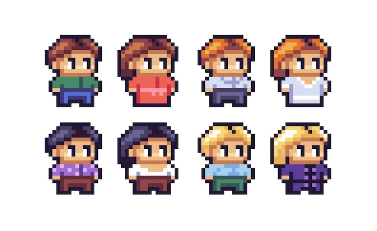 Vector chibi cute human figure pixel art. adorable kawaii character, male female different skin and hair