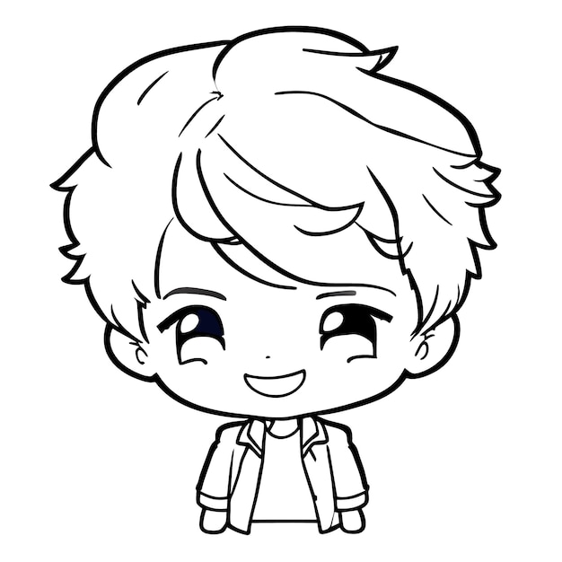 Chibi expressions boy kawaii shot hair smile face full body vector illustration line art