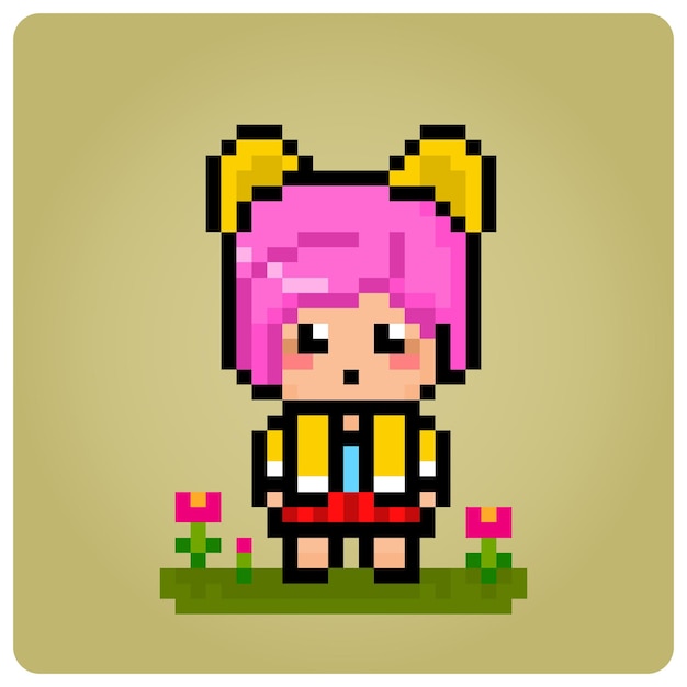 Vettore ragazza chibi in pixel art a 8 bit cartoni animati femminili in illustrazioni vettoriali