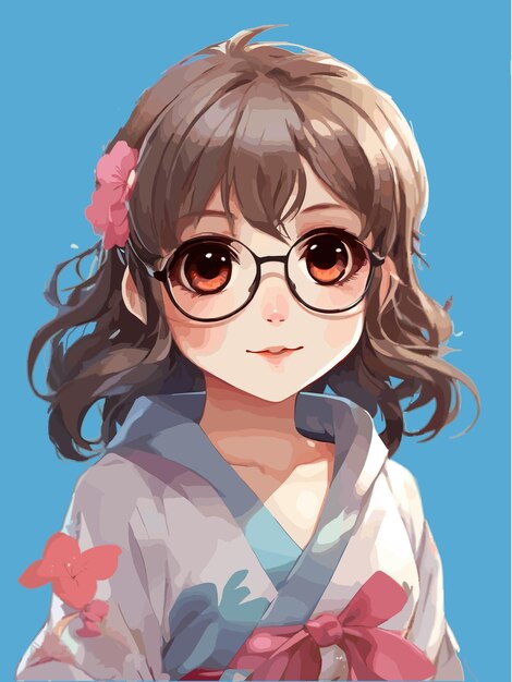 Vector chibi kawaii meisje met bril op bloem kimono leuke vector illustratie