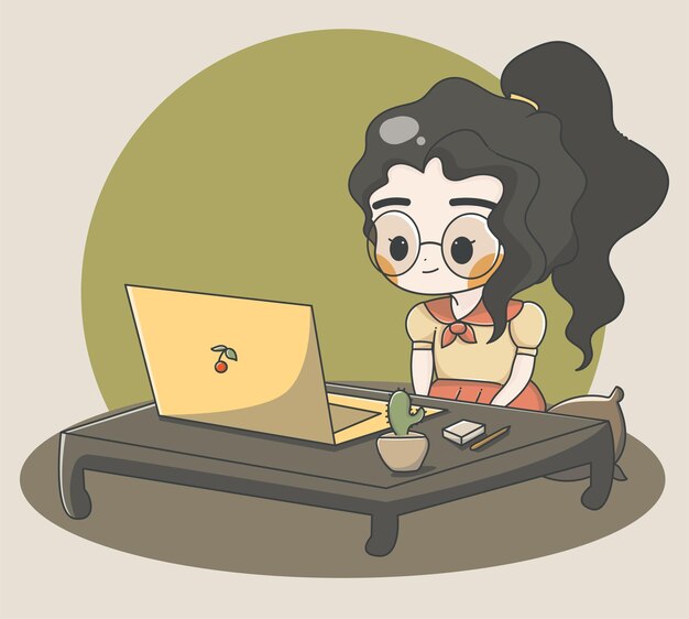 Chibi-meisje voor haar laptop die een online les bijwoontxDxA