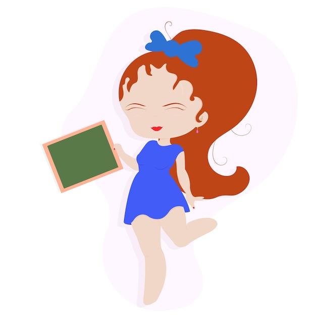 Chibi red haired girl in a blue dress.  Moving chibi girl with desk.