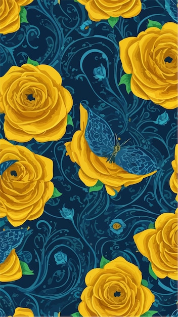 Chic Flat 2D Floral Navy and Yellow Seamless Rose Designs