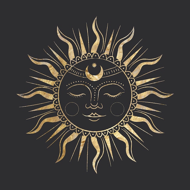 chic golden luxurious retro vintage engraving style. image of the sun . culture of accultism. Vector graphics